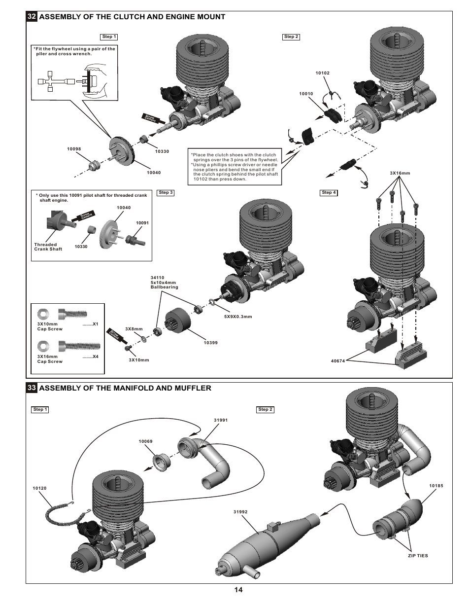 32 assembl of the clutch and engine mount y, 33 assembl of the manifold and muffler y | OFNA Racing Mutilator Pro RTR 32 User Manual | Page 19 / 35