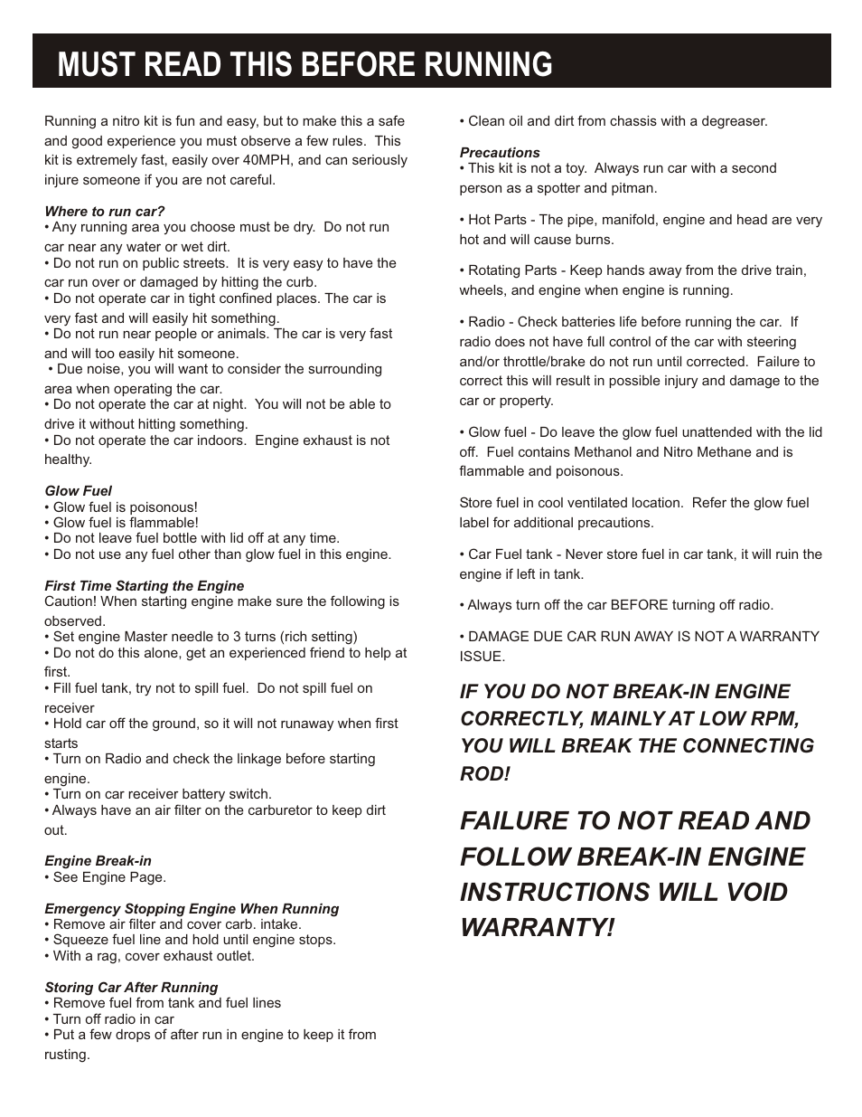Must read this before running, Failure to not read and, Follow break-in engine | Instructions will void, Warranty, If you do not break-in engine, Correctly, mainly at low rpm, You will break the connecting | OFNA Racing Mutilator Pro RTR 32 User Manual | Page 2 / 35