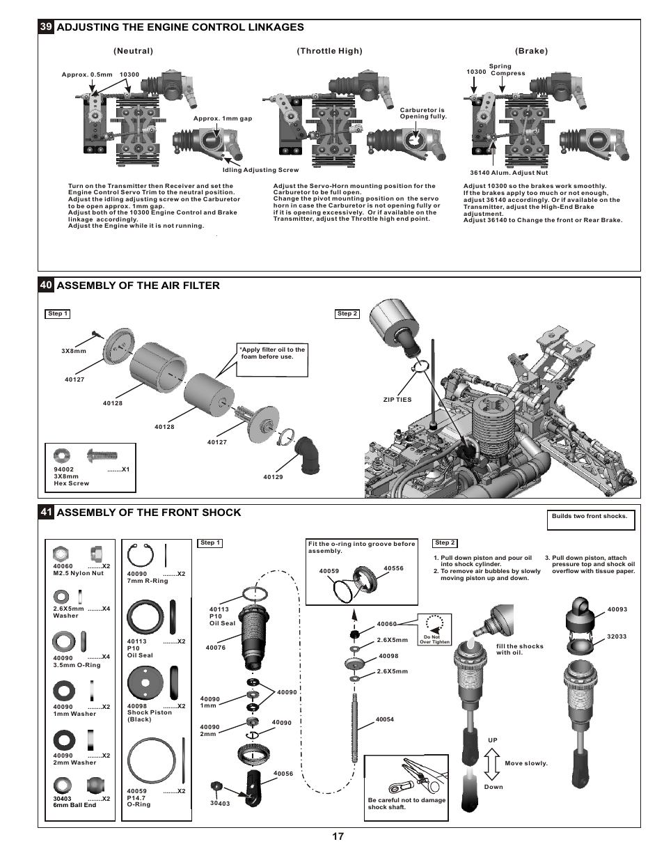 39 adjusting the engine control linkages, 40 assembly of the air filter, 41 assembly of the front shock | OFNA Racing Mutilator Pro RTR 32 User Manual | Page 22 / 35