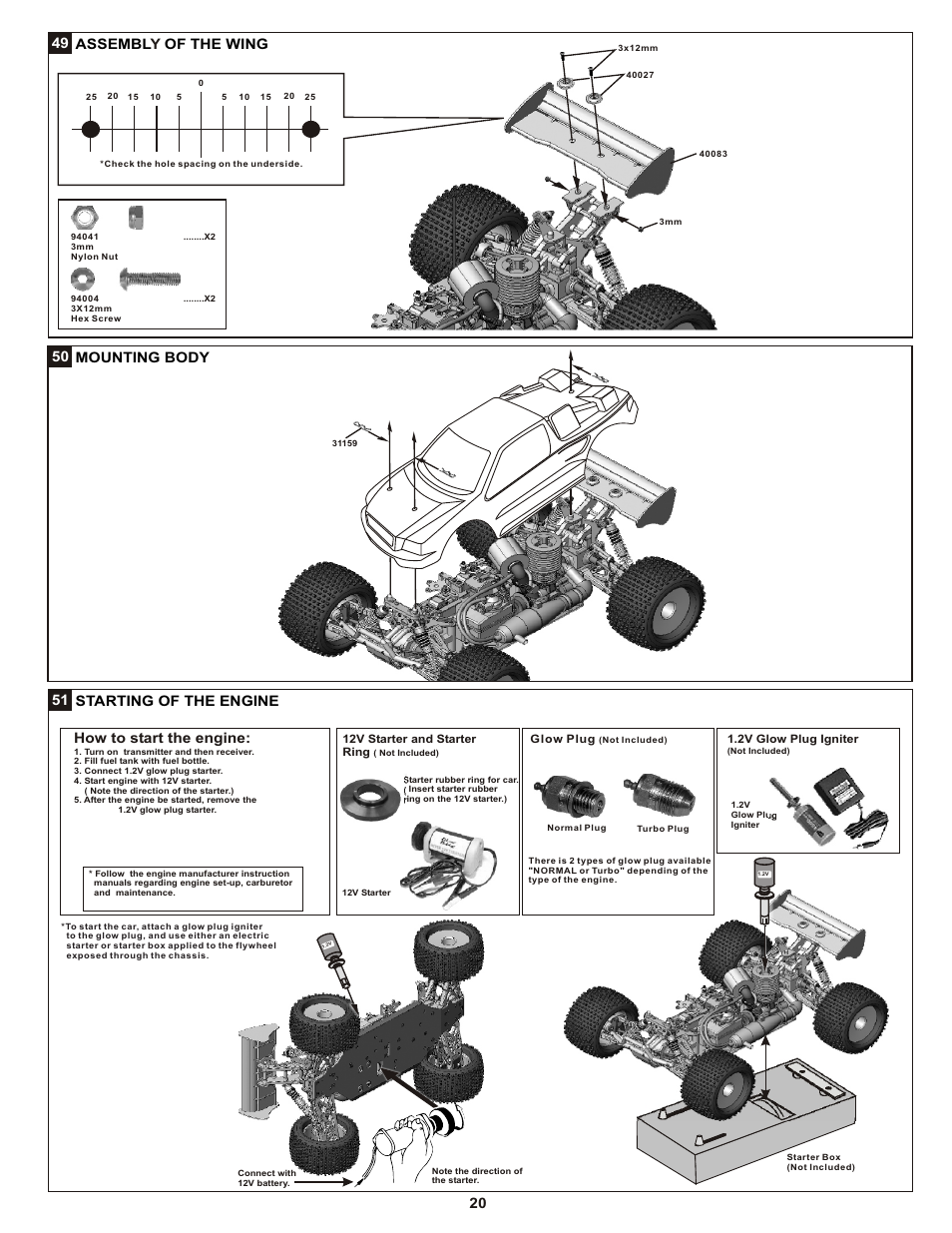 49 assembl of the wing y, 50 mounting body 51 starting of the engine, How to start the engine | OFNA Racing Mutilator Pro RTR 32 User Manual | Page 25 / 35