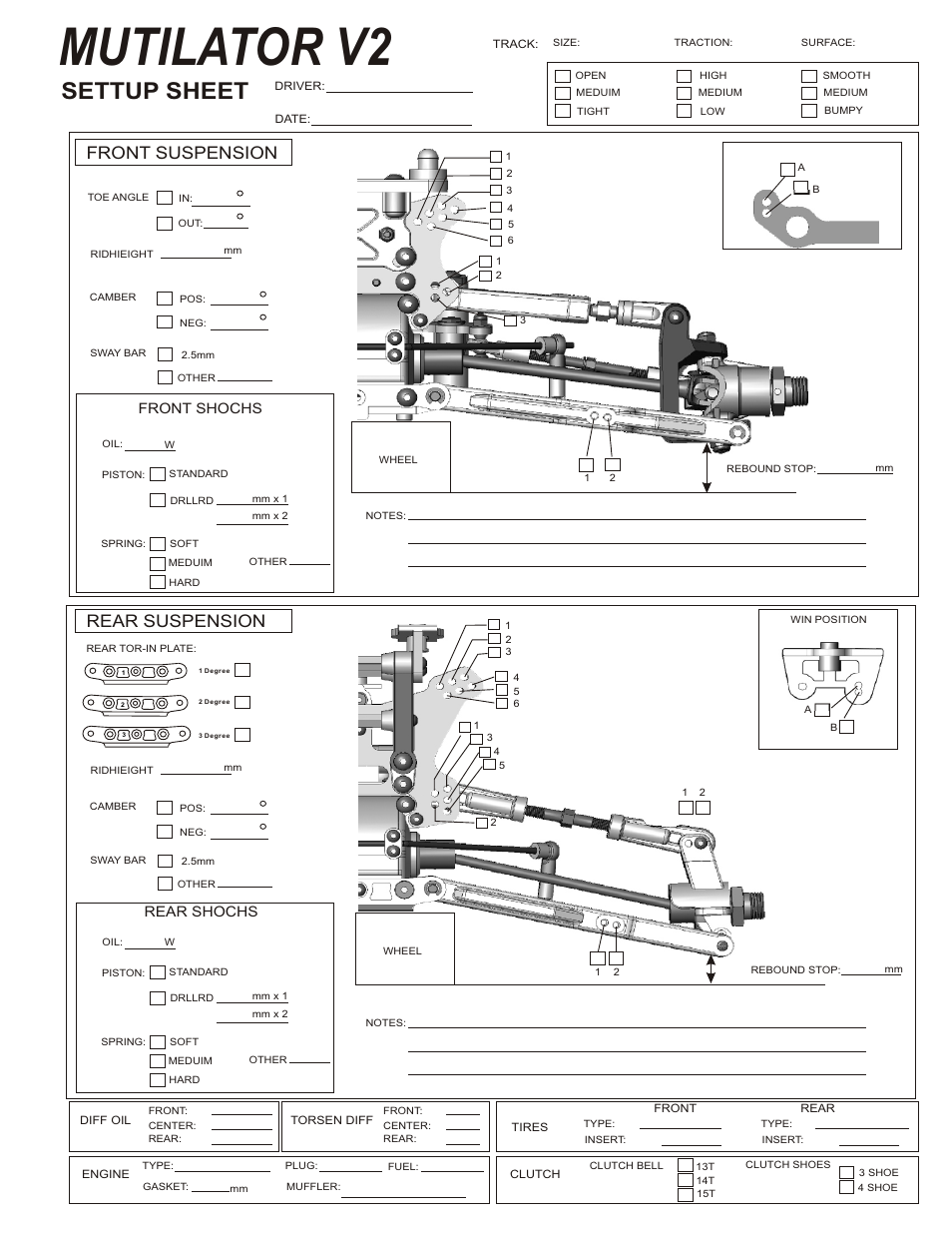 Mutilator v2, Settup sheet, Front suspension rear suspension | Front shochs rear shochs | OFNA Racing Mutilator Pro RTR 32 User Manual | Page 27 / 35