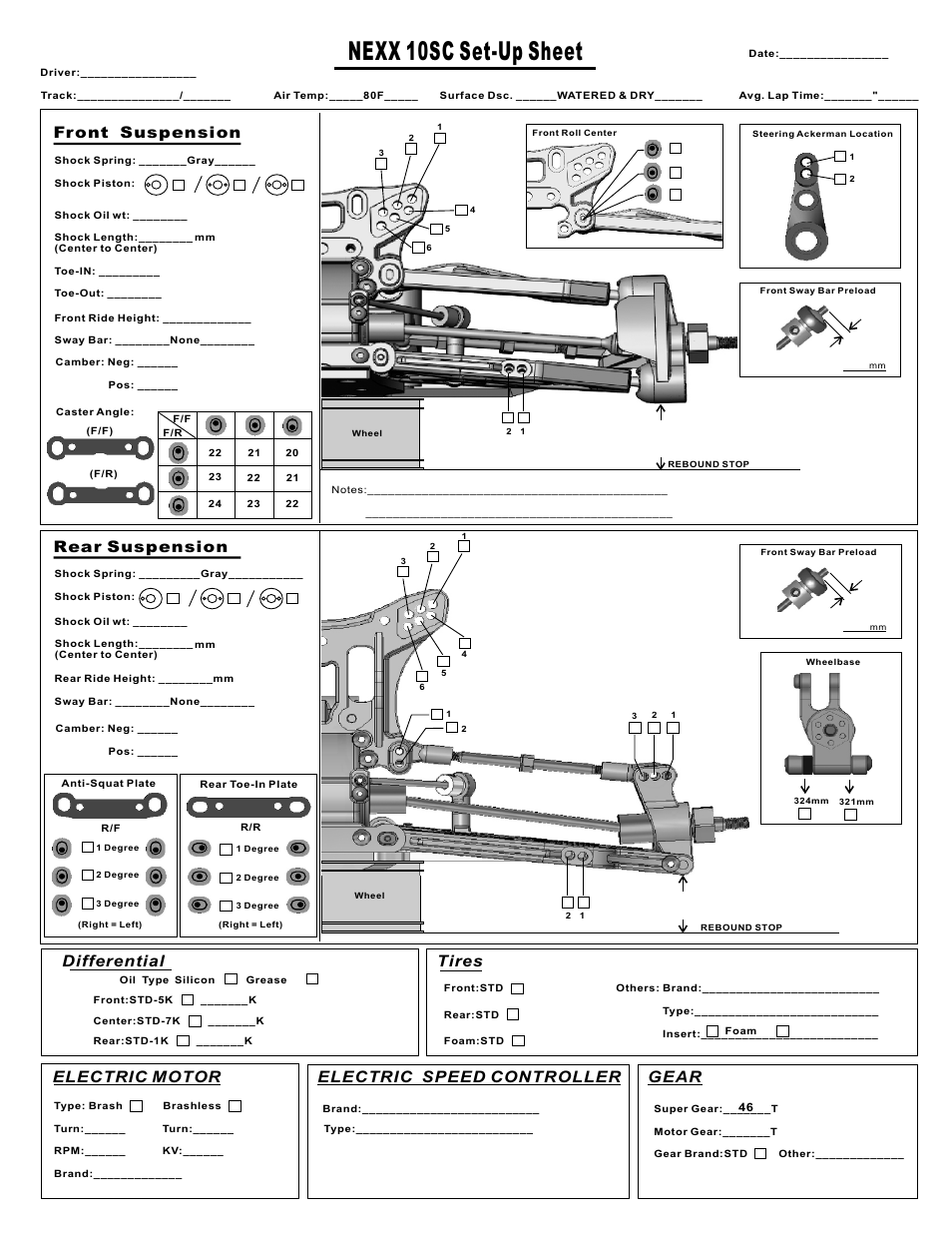 Nexx 10sc set-up sheet, Front suspension rear suspension, Differential | Electric motor electric speed controller, Tires, Gear | OFNA Racing Nexx10sc User Manual | Page 33 / 40