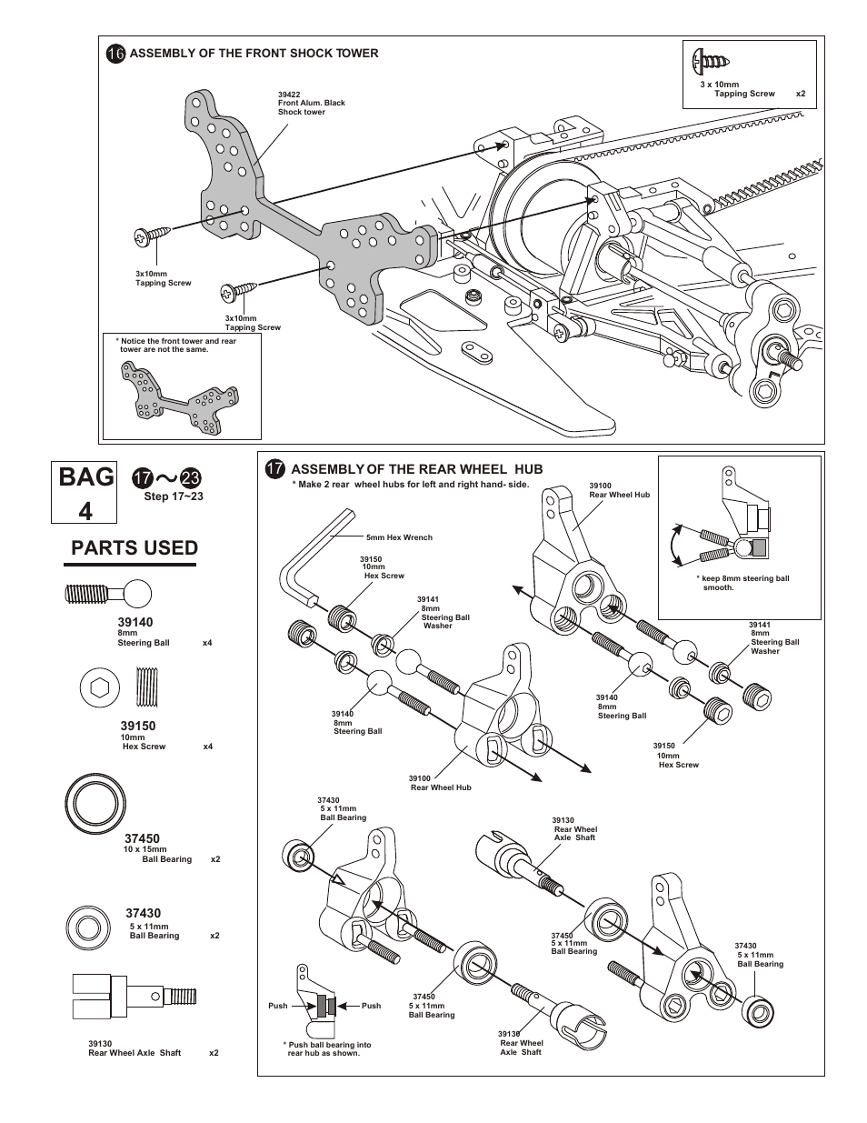 Bag 4, Parts used, Assembly of the front stabilizer to arm block | Assembly of the rear wheel hub | OFNA Racing OB4 RTR User Manual | Page 11 / 43