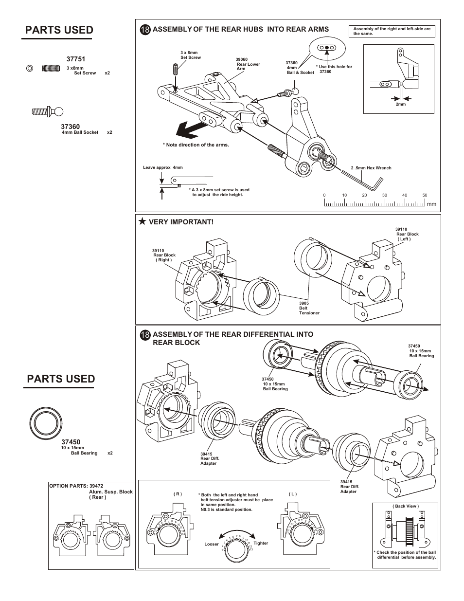 Parts used, Assembly of the rear hubs into rear arms, Assembly of the rear differential into rear block | Very important, Assembly rear block cover and rear lower arms, Insert rear belt before assembly | OFNA Racing OB4 RTR User Manual | Page 12 / 43