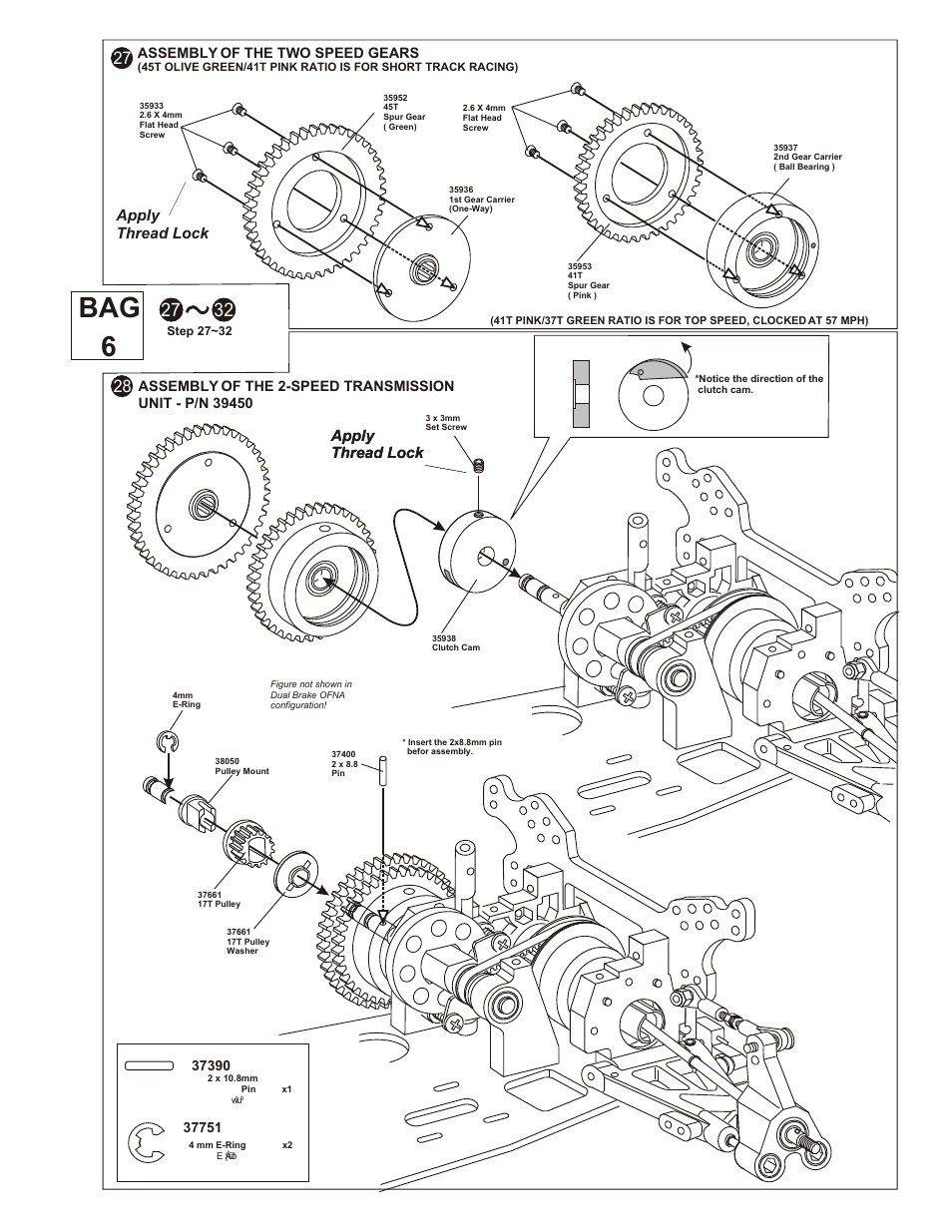 Bag 6, Apply thread lock, Assembly of the middle shaft | Assembly of the two speed gears | OFNA Racing OB4 RTR User Manual | Page 18 / 43