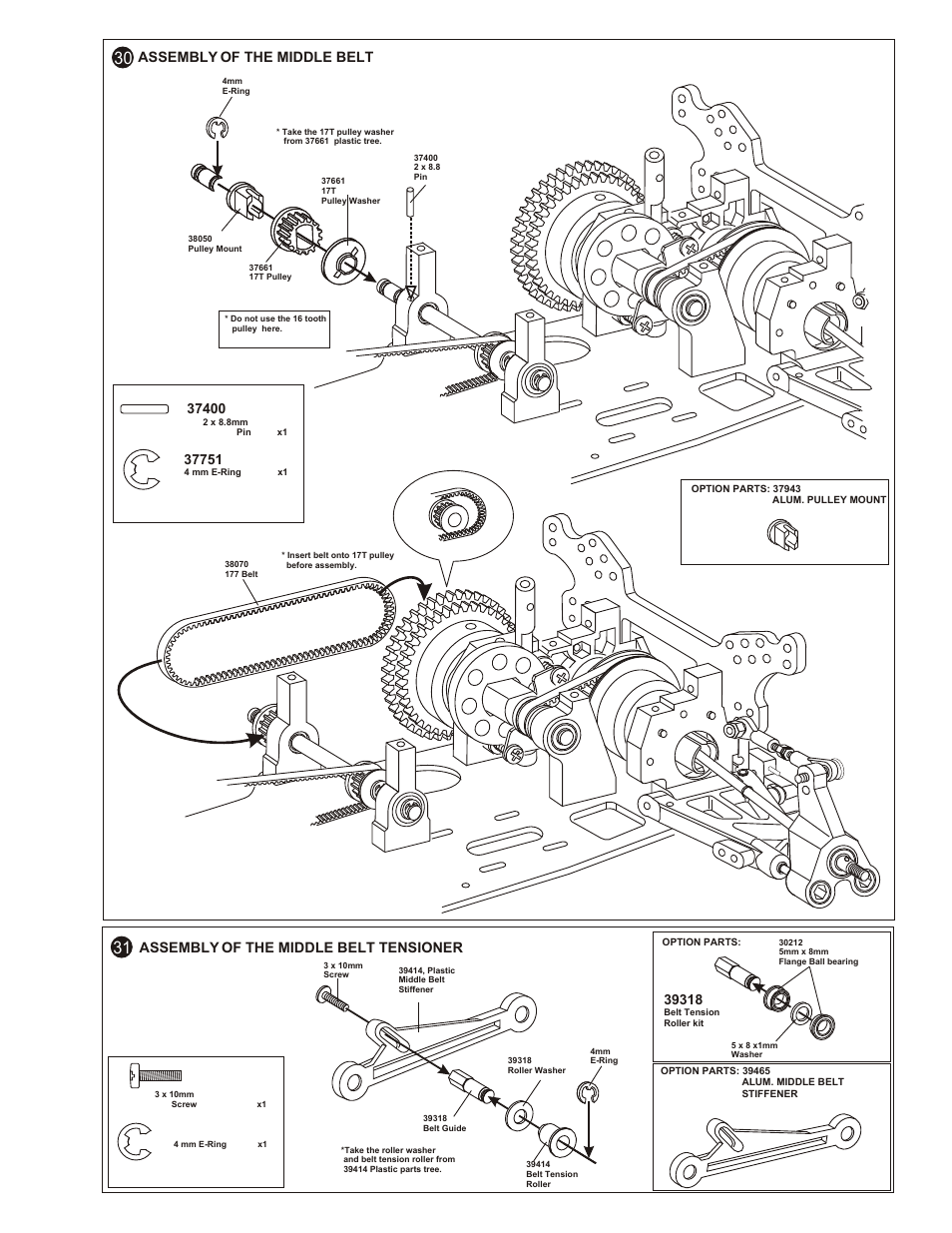 Assembly of the middle tensioner onto chassis, Assembly of the middle belt, Assembly of the middle belt tensioner | OFNA Racing OB4 RTR User Manual | Page 20 / 43