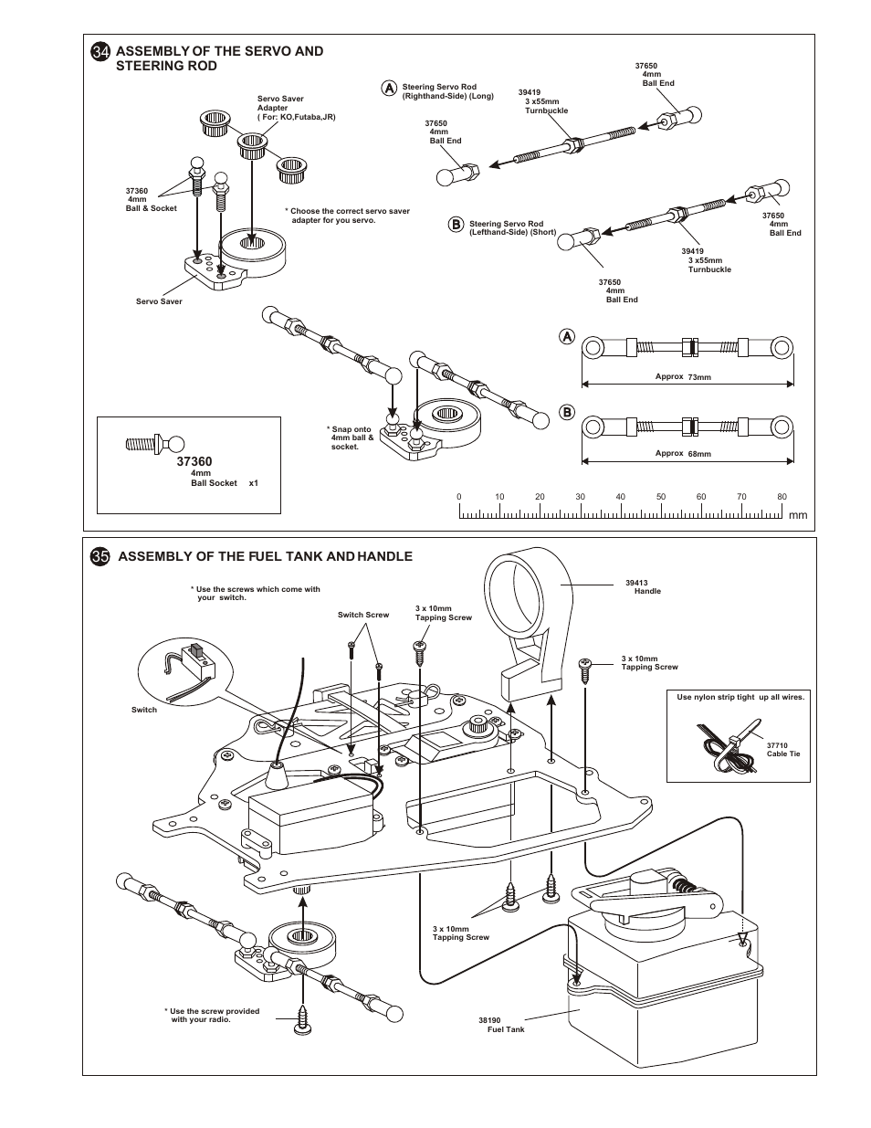 Parts used, See parts list for many more gear ratio options, Assembly of the 2-speed clutch bell | Assembly of the servo and steering rod, Assembly of the fuel tank and handle | OFNA Racing OB4 RTR User Manual | Page 24 / 43