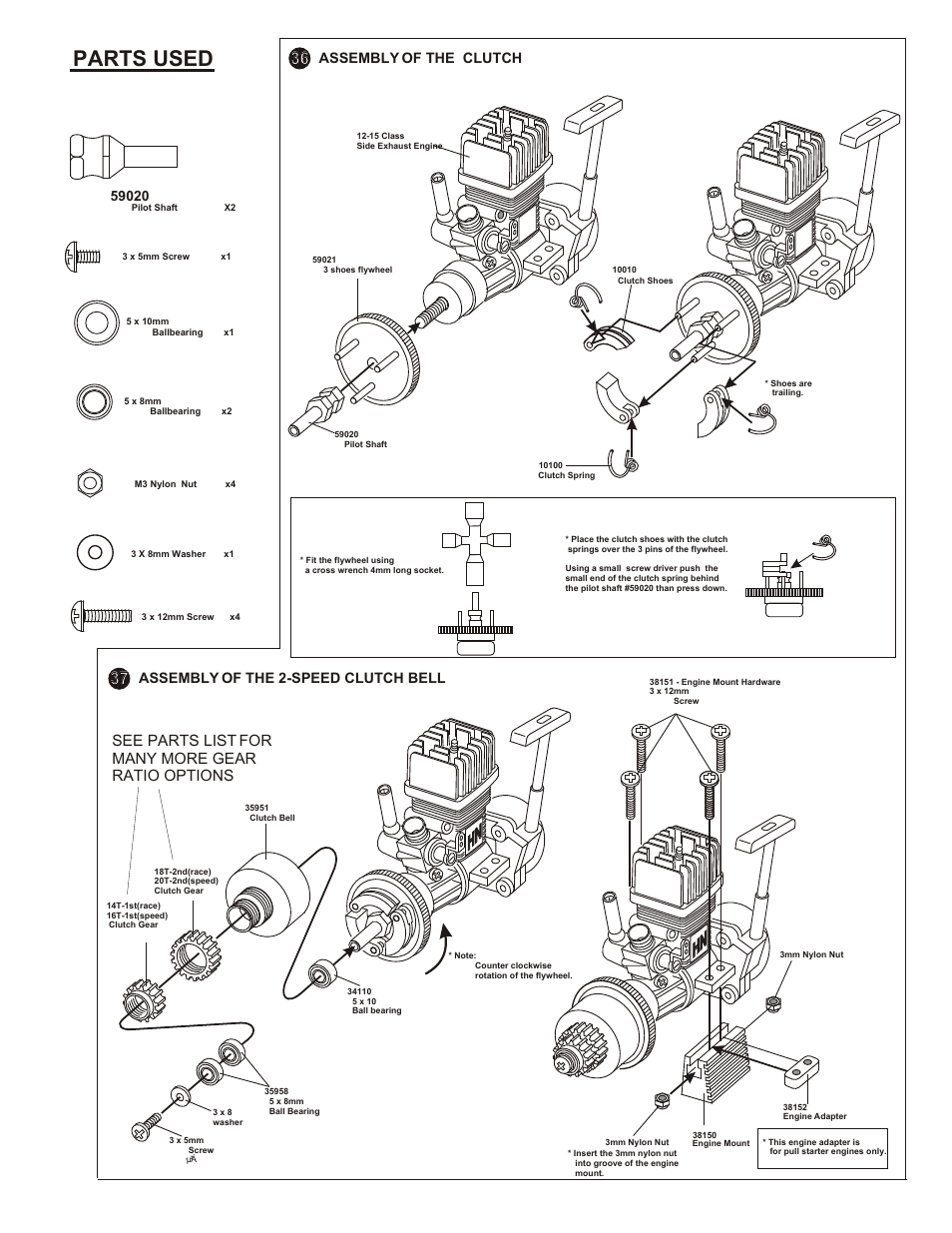 Parts used, See parts list for many more gear ratio options, Assembly of the 2-speed clutch bell | Assembly of the servo and steering rod, Assembly of the fuel tank and handle | OFNA Racing OB4 RTR User Manual | Page 25 / 43