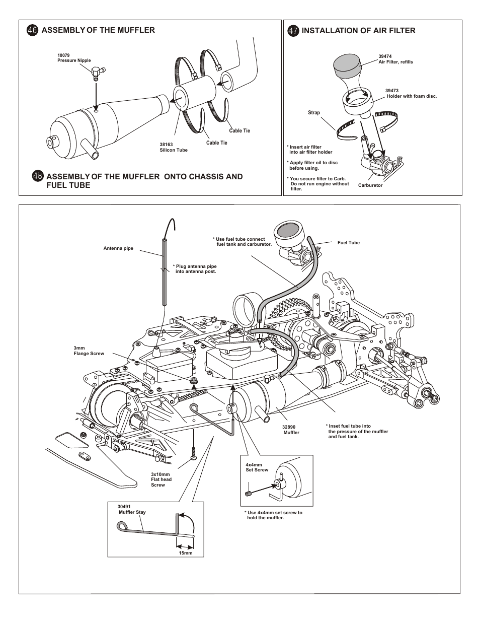 Parts used, Assembly of the muffler, Installation of air filter | Assembly of the muffler onto chassis and fuel tube | OFNA Racing OB4 RTR User Manual | Page 30 / 43