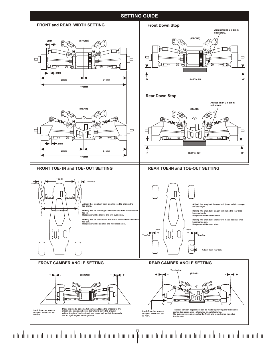 Plasticparts, Setting guide, Front down stop front and rear width setting | Rear down stop | OFNA Racing OB4 RTR User Manual | Page 37 / 43