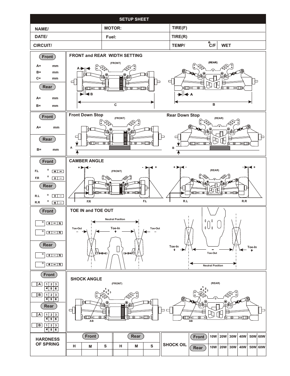 Setting guide, Setting guide (2), Front | Front rear rear camber angle, Front rear, Front rear rear rear rear, Toe in and toe out, Shock angle, Hardness of spring, Shock oil | OFNA Racing OB4 RTR User Manual | Page 39 / 43