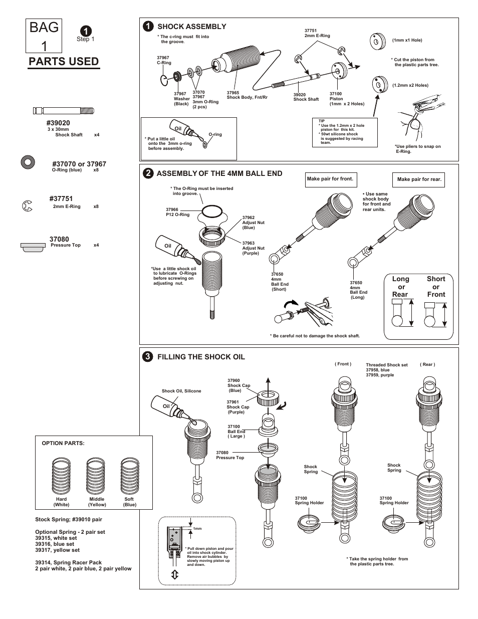 Bag 1, Bag 2, Parts used | Long short or or rear front, Shock assembly, Assembly of the 4mm ball end, Front differential assembly | OFNA Racing OB4 RTR User Manual | Page 4 / 43