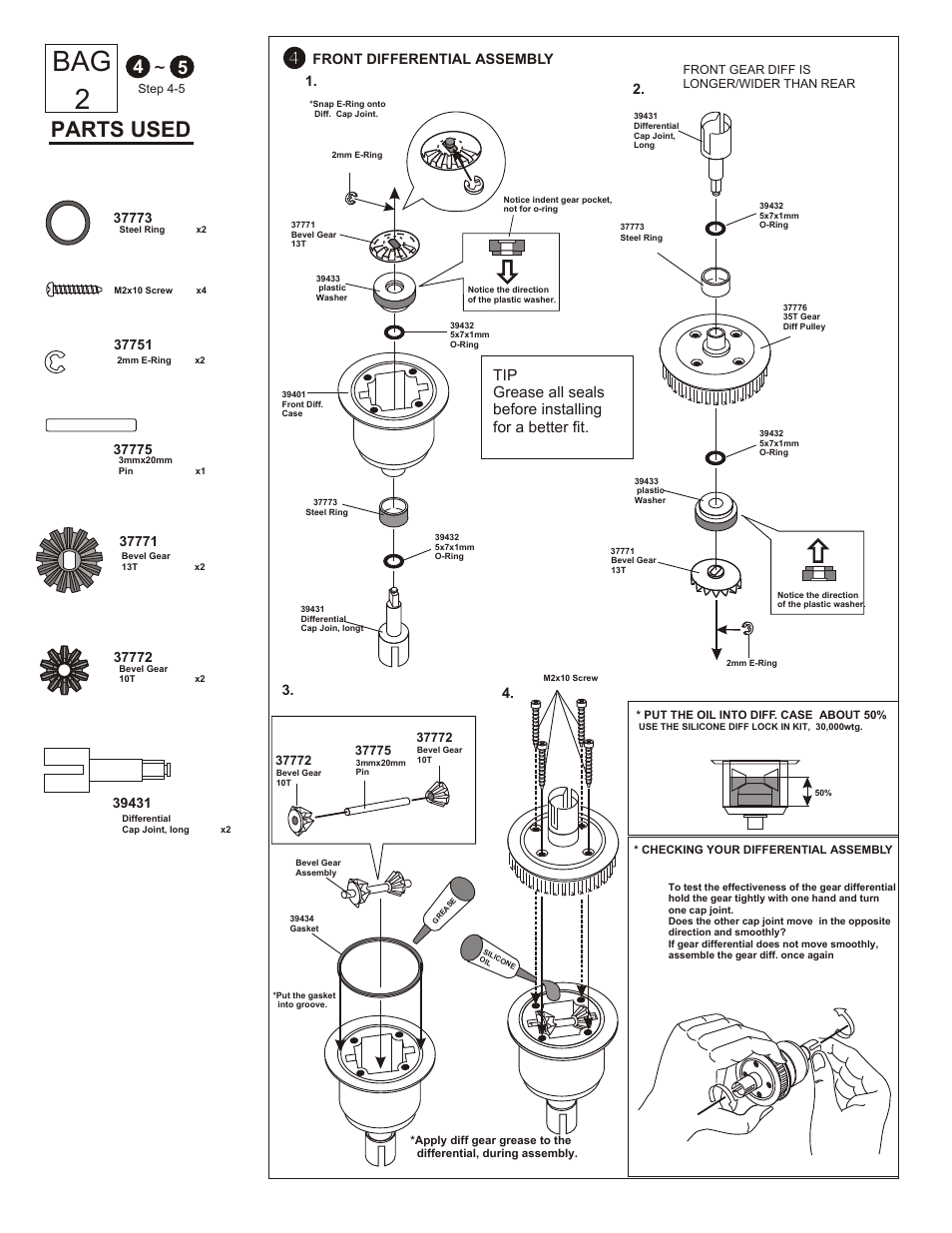 Bag 1, Bag 2, Parts used | Long short or or rear front, Shock assembly, Assembly of the 4mm ball end, Front differential assembly | OFNA Racing OB4 RTR User Manual | Page 5 / 43