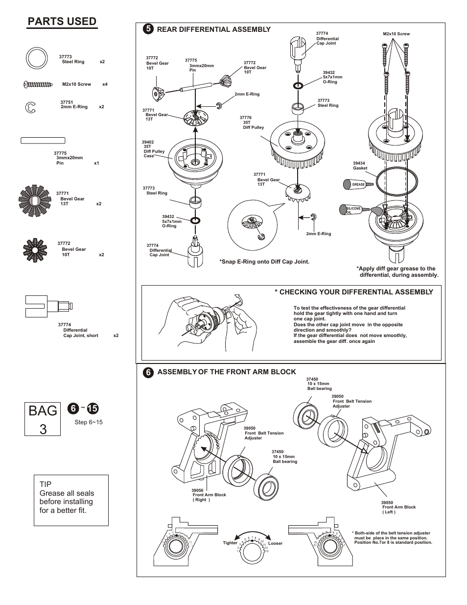 Bag 3, Parts used, Rear differential assembly | Assembly of the front arm block, Checking your differential assembly, Assembly of the front block onto chassis, Step 6~15 | OFNA Racing OB4 RTR User Manual | Page 6 / 43