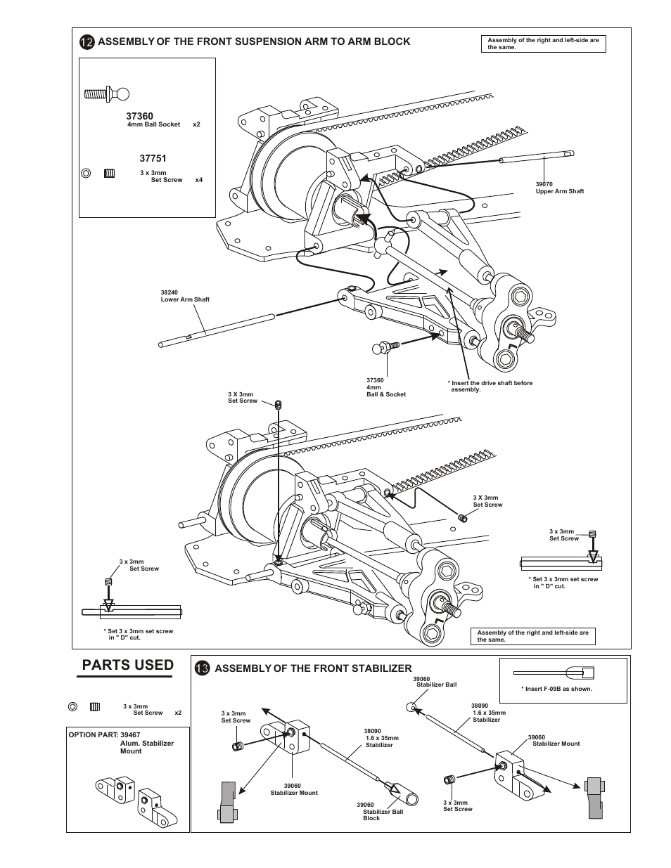 Parts used, Assembly of the cva universal shaft, Assemblyof the front suspension arms | Assembly of the front stabilizer | OFNA Racing OB4 RTR User Manual | Page 9 / 43