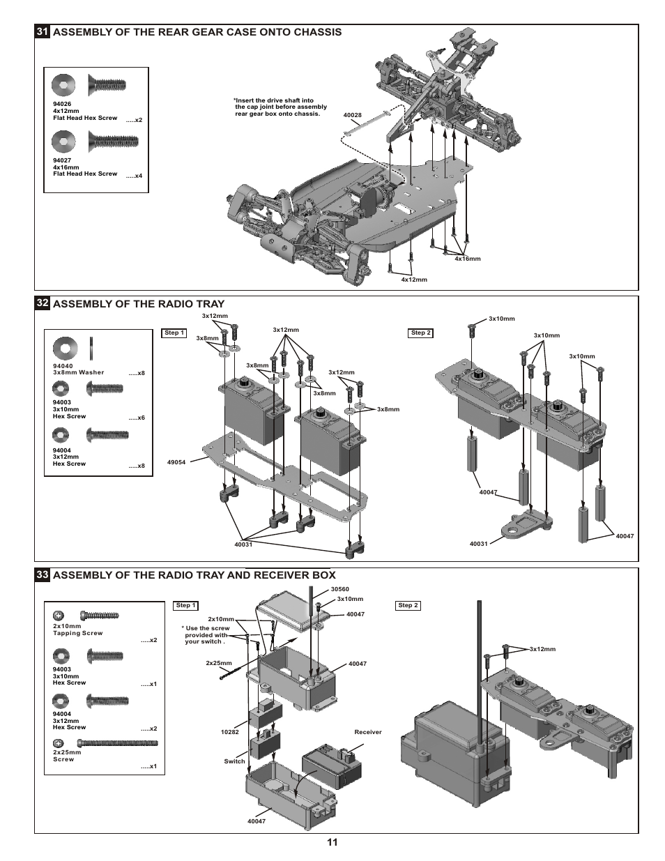 11 32 assembly of the radio tray and receiver box, Assembly of the radio tray, Assembly of the rear gear case onto chassis | OFNA Racing Picco Offroad User Manual | Page 17 / 31