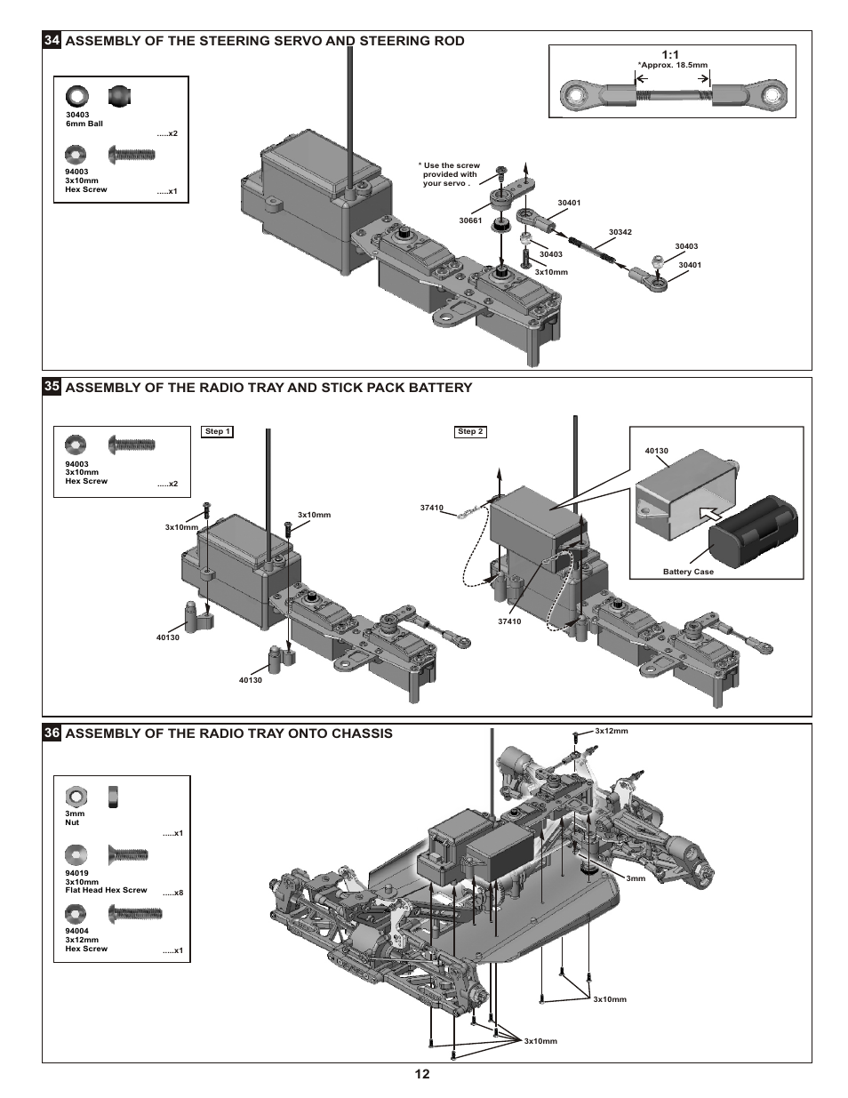 Assembly of the radio tray onto chassis, 34 assembly of the steering servo and steering rod | OFNA Racing Picco Offroad User Manual | Page 18 / 31