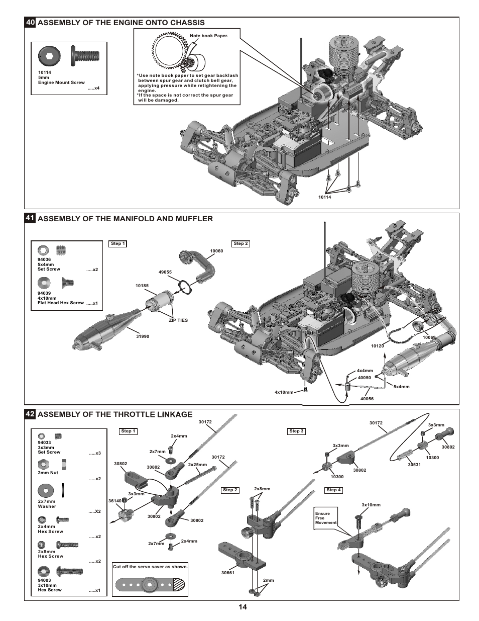Assembly of the throttle linkage, 41 14 assembly of the manifold and muffler, Assembly of the engine onto chassis | OFNA Racing Picco Offroad User Manual | Page 20 / 31