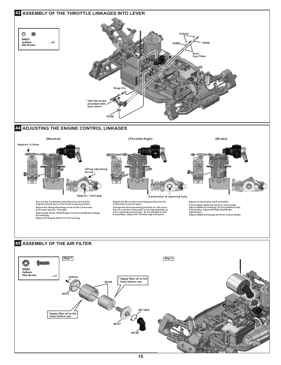 Adjusting the engine control linkages, Assembly of the throttle linkages into lever | OFNA Racing Picco Offroad User Manual | Page 21 / 31