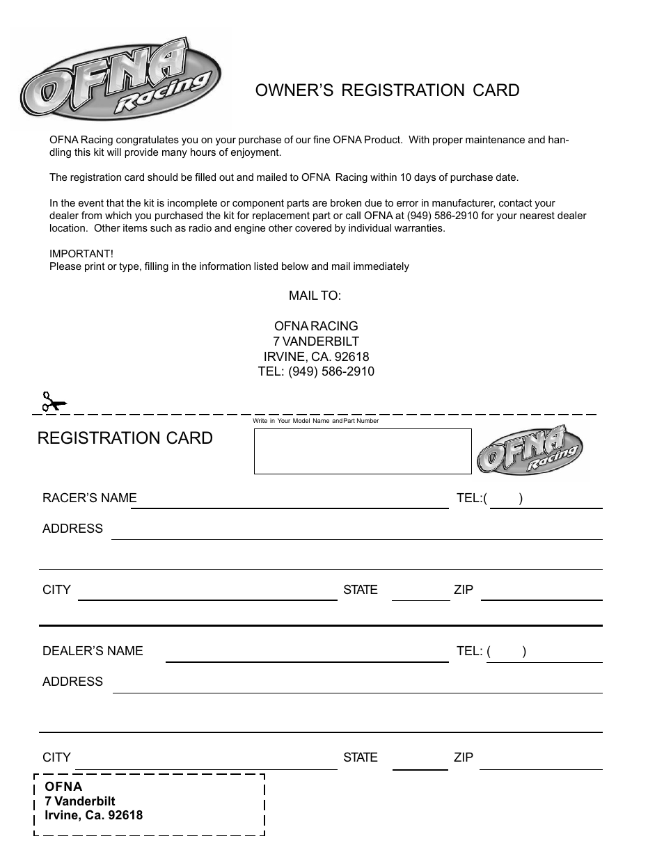 Owner’s registration card registration card | OFNA Racing Picco Offroad User Manual | Page 31 / 31