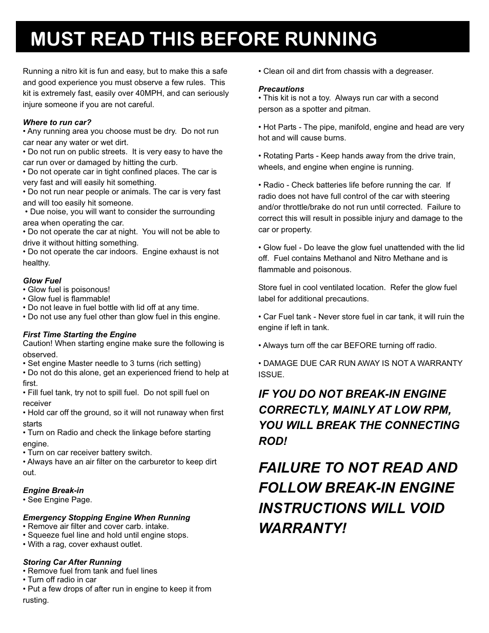 Must read this before running, Failure to not read and, Follow break-in engine | Instructions will void, Warranty, If you do not break-in engine, Correctly, mainly at low rpm, You will break the connecting | OFNA Racing Ravager User Manual | Page 2 / 45