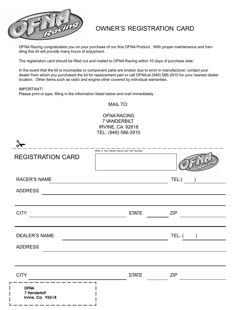 Owner’s registration card registration card | OFNA Racing Ravager User Manual | Page 42 / 45