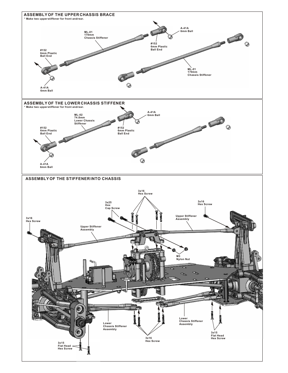Assembly of the upper chassis brace, Assembly of the lower chassis stiffener, Assembly of the stiffener into chassis | OFNA Racing Titan Twin User Manual | Page 17 / 34