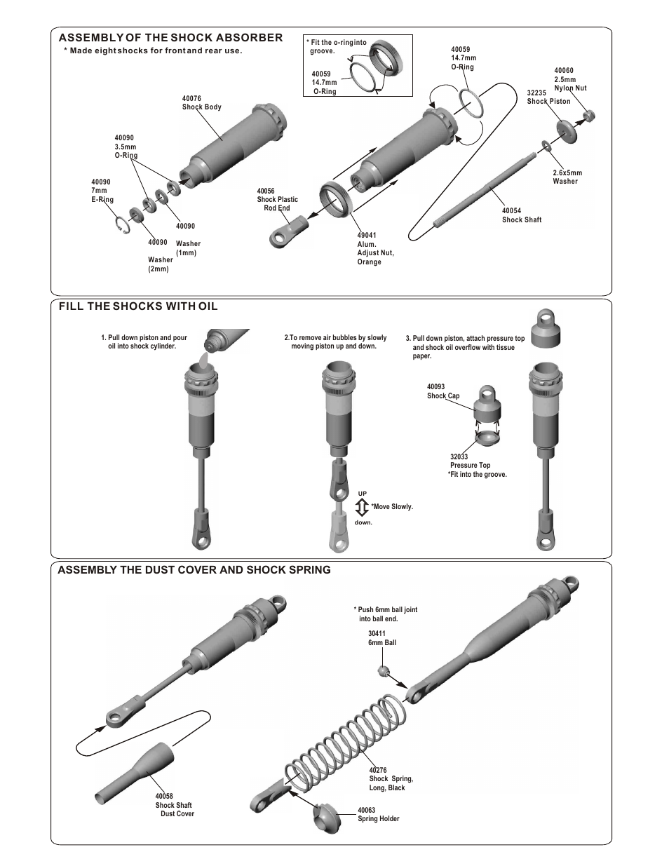 Assembly of the shock absorber, Assembly the dust cover and shock spring, Fill the shocks with oil | OFNA Racing Titan Twin User Manual | Page 19 / 34