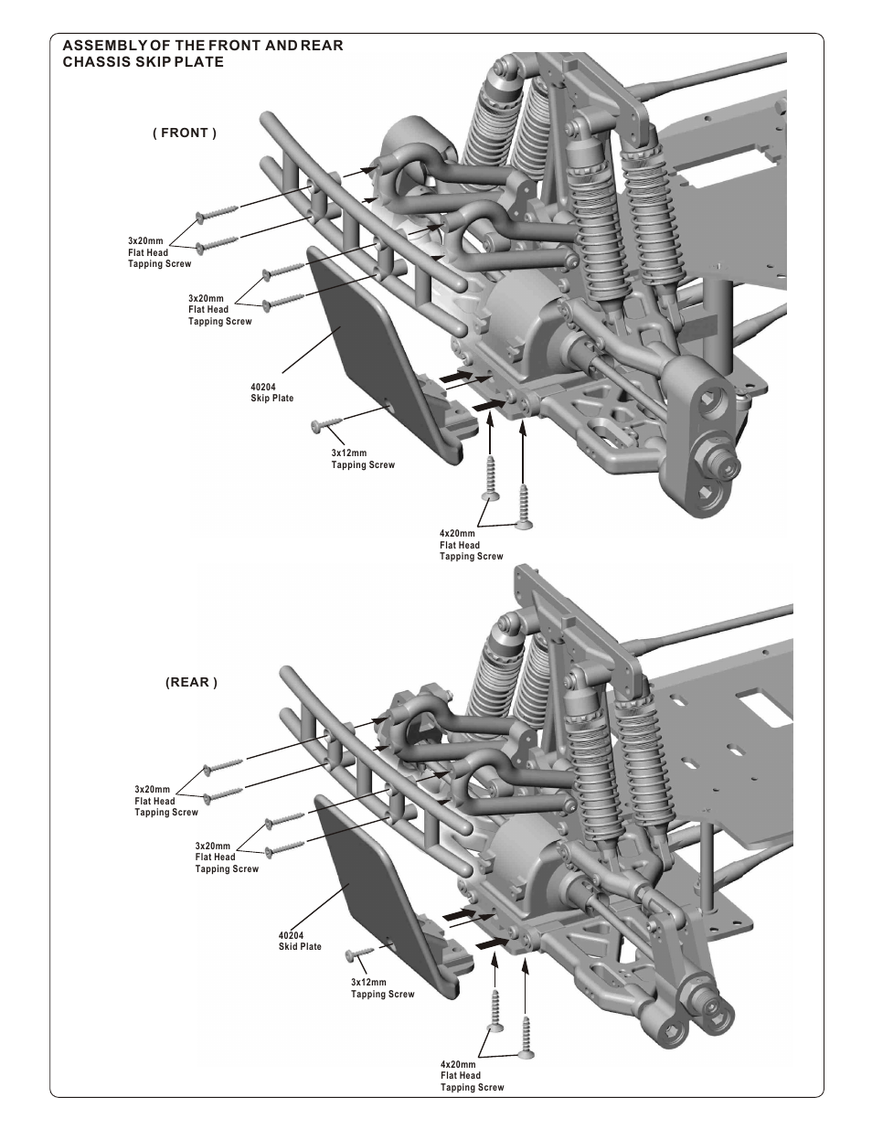 Assembly of the front and rear chassis skip plate, Front ) (rear ) | OFNA Racing Titan Twin User Manual | Page 21 / 34