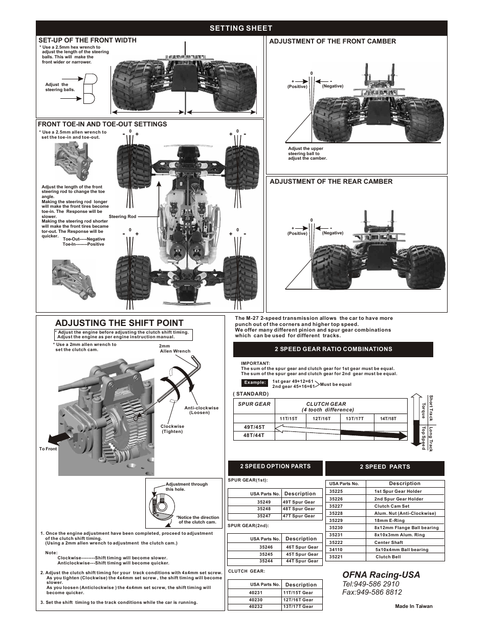 Adjusting the shift point, Ofna racing-usa, Setting sheet | OFNA Racing Titan Twin User Manual | Page 30 / 34