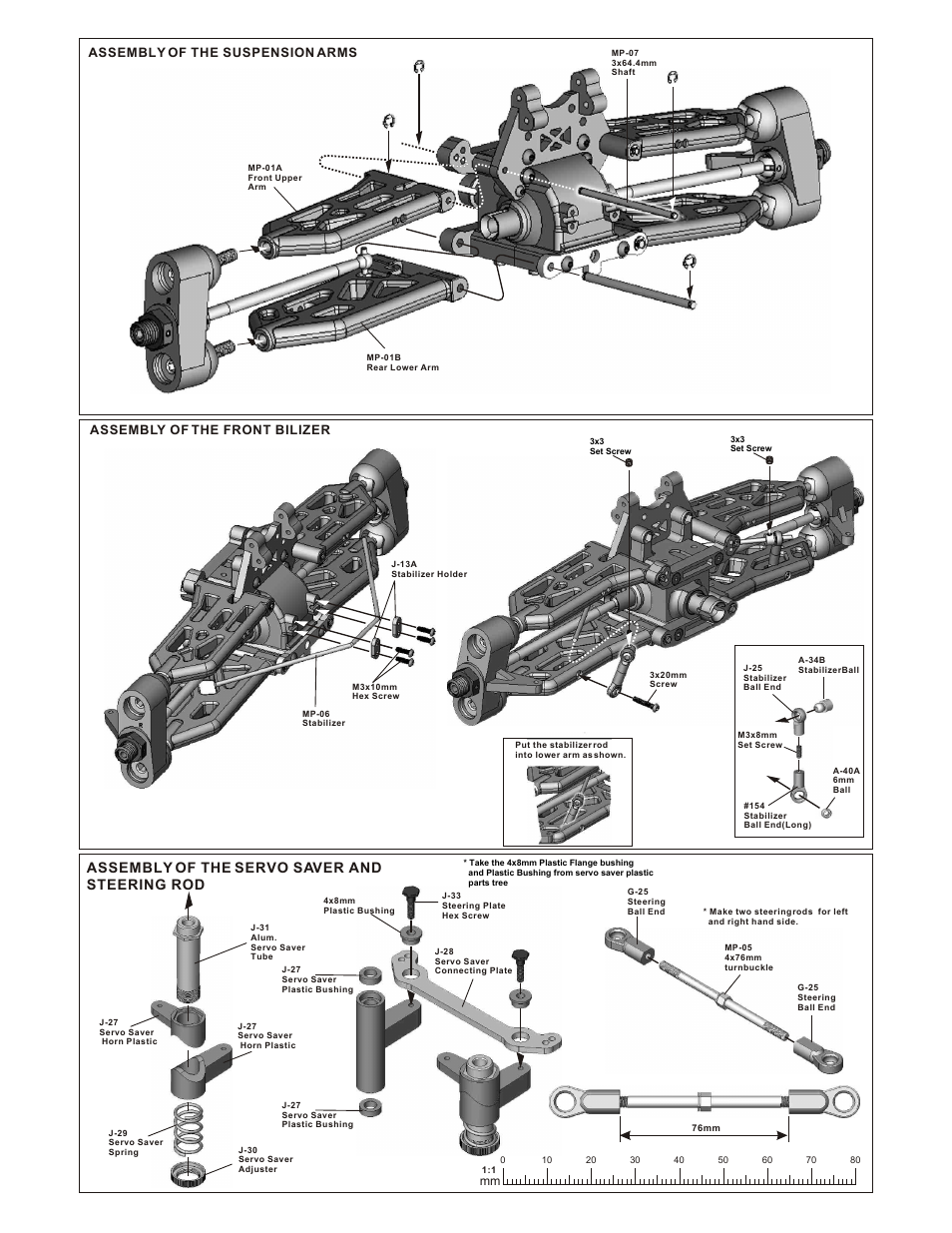 Assembly of the servo saver and steering rod, Assembly of the suspension arms, Assembly of the front bilizer | OFNA Racing Titan Twin User Manual | Page 8 / 34