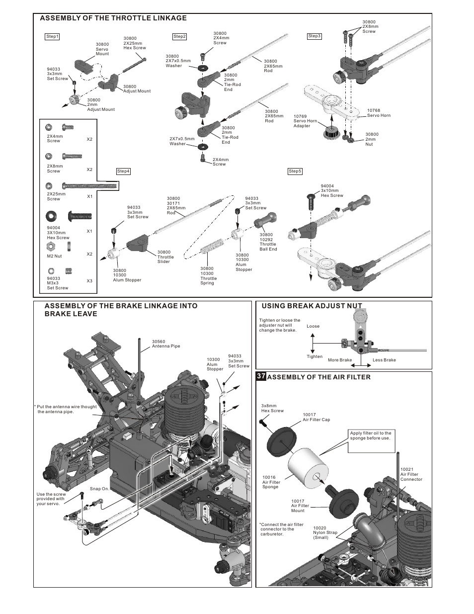 Using break adjust nut, Assembly of the air filter | OFNA Racing Ultra Comp2 User Manual | Page 23 / 39