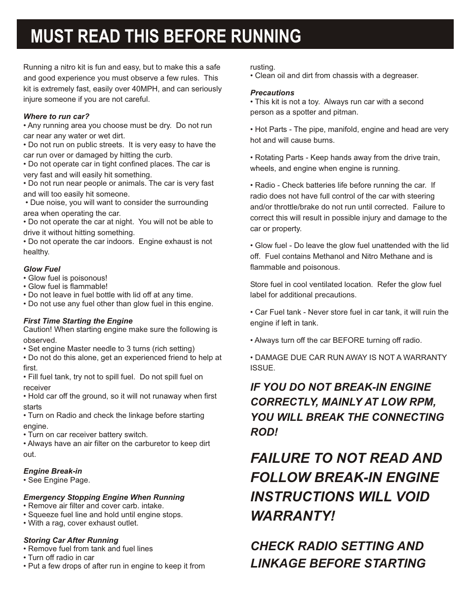 Must read this before running, Failure to not read and, Follow break-in engine | Instructions will void, Warranty, Check radio setting and, Linkage before starting, If you do not break-in engine, Correctly, mainly at low rpm, You will break the connecting | OFNA Racing Ultra Comp2 User Manual | Page 3 / 39