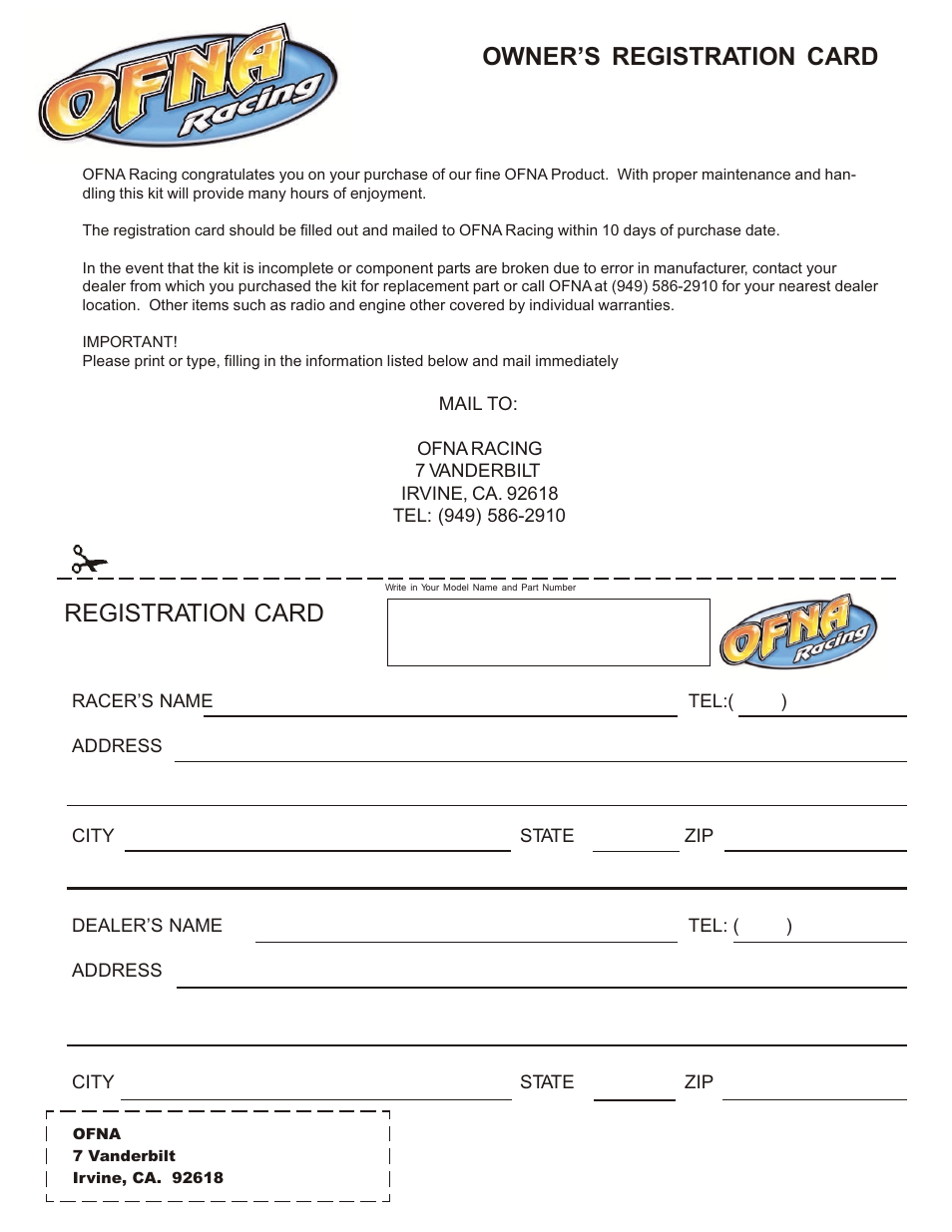 Owner’s registration card registration card | OFNA Racing Ultra Comp2 User Manual | Page 39 / 39