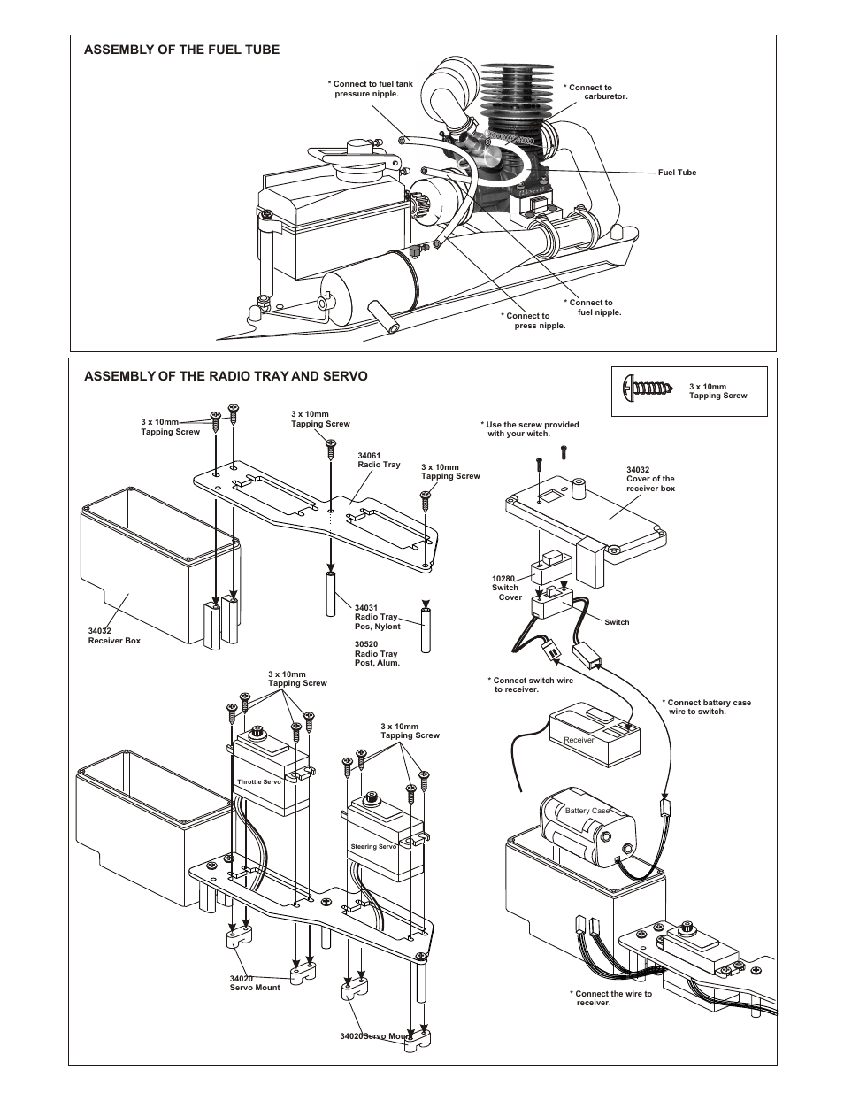 Assembly of the fuel tube, Assembly of the radio tray and servo | OFNA Racing Ultra GTP MBX User Manual | Page 21 / 45