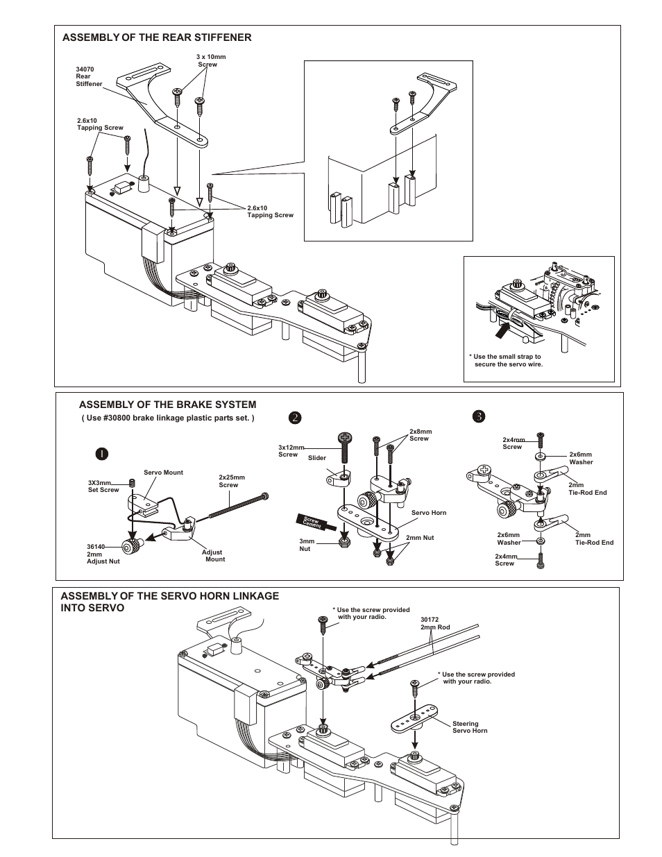 Assembly of the rear stiffener, Assembly of the servo horn linkage into servo, Assembly of the brake system | OFNA Racing Ultra GTP MBX User Manual | Page 22 / 45