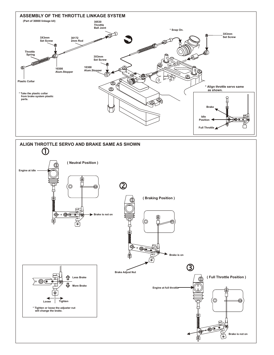 Assembly of the throttle linkage system, Align throttle servo and brake same as shown | OFNA Racing Ultra GTP MBX User Manual | Page 24 / 45