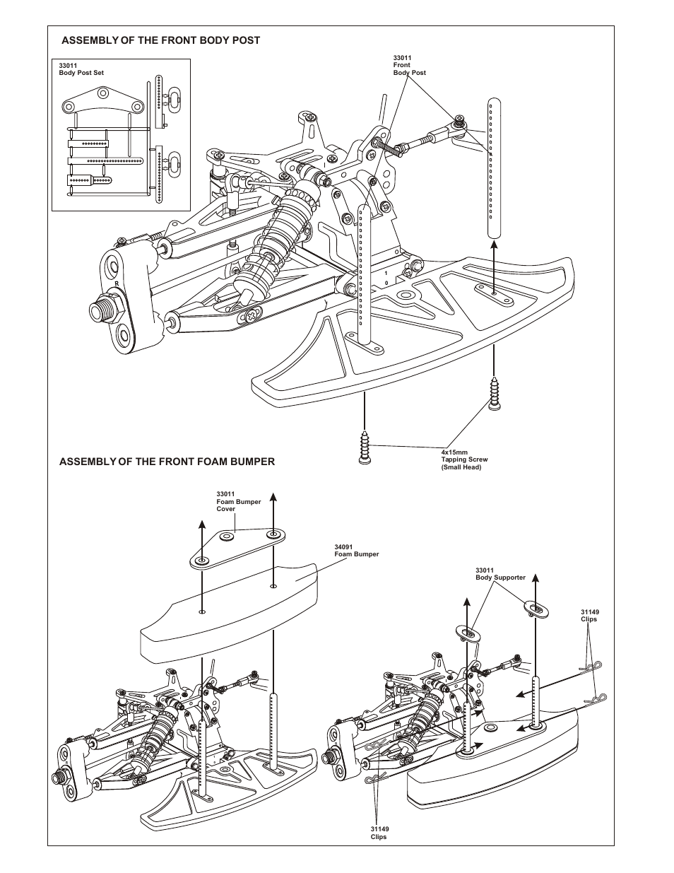 Assembly of the front body post, Assembly of the front foam bumper | OFNA Racing Ultra GTP MBX User Manual | Page 27 / 45