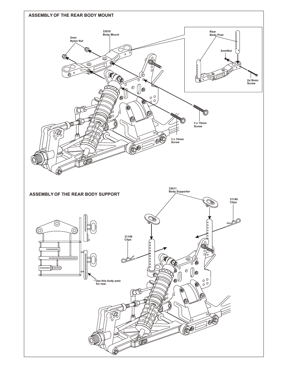 Assembly of the rear body support, Assembly of the rear body mount | OFNA Racing Ultra GTP MBX User Manual | Page 28 / 45