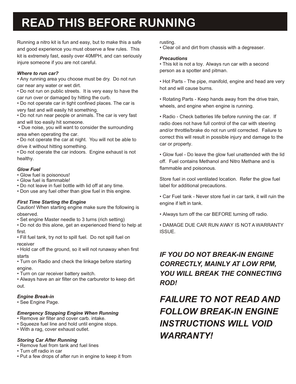 Read this before running, Failure to not read and, Follow break-in engine | Instructions will void, Warranty, If you do not break-in engine, Correctly, mainly at low rpm, You will break the connecting | OFNA Racing Ultra GTP MBX User Manual | Page 3 / 45
