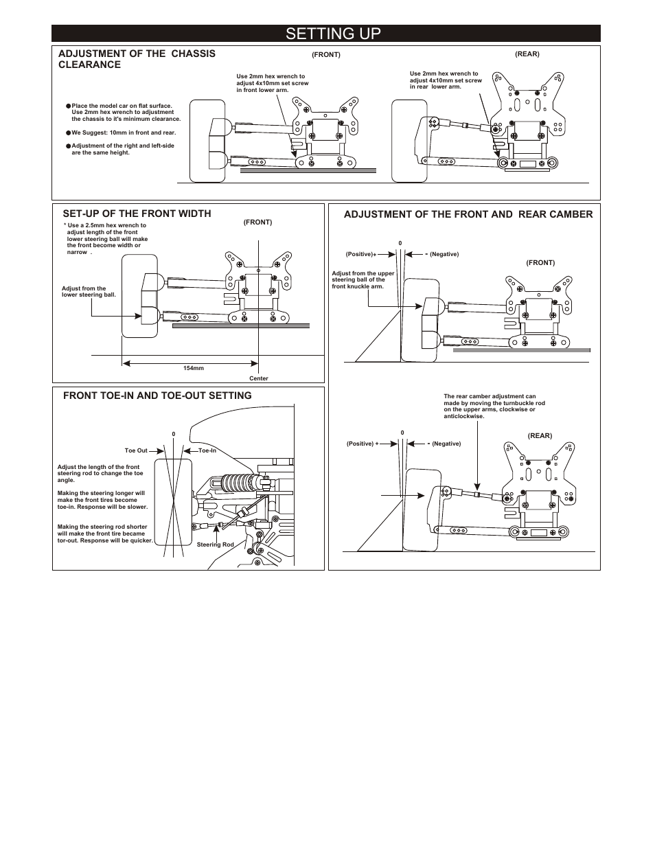 Setting up, Adjustment of the chassis clearance, Adjustment of the front and rear camber | Set-up of the front width, Front toe-in and toe-out setting | OFNA Racing Ultra GTP MBX User Manual | Page 36 / 45
