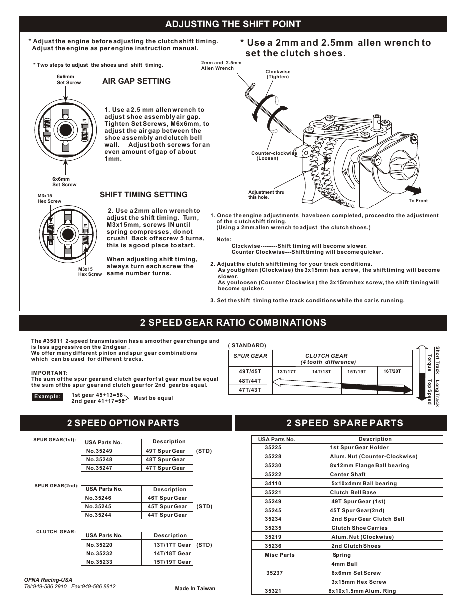 2 speed option parts 2 speed spare parts, 2 speed gear ratio combinations, Adjusting the shift point | Air gap setting shift timing setting | OFNA Racing Ultra GTP MBX User Manual | Page 42 / 45