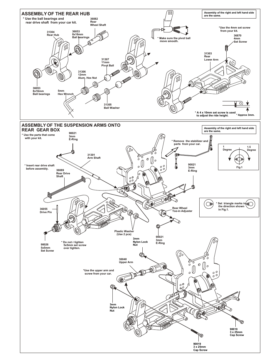 Assembly of the rear hub, Assembly of the suspension arms onto rear gear box | OFNA Racing Ultra GTP MBX User Manual | Page 44 / 45