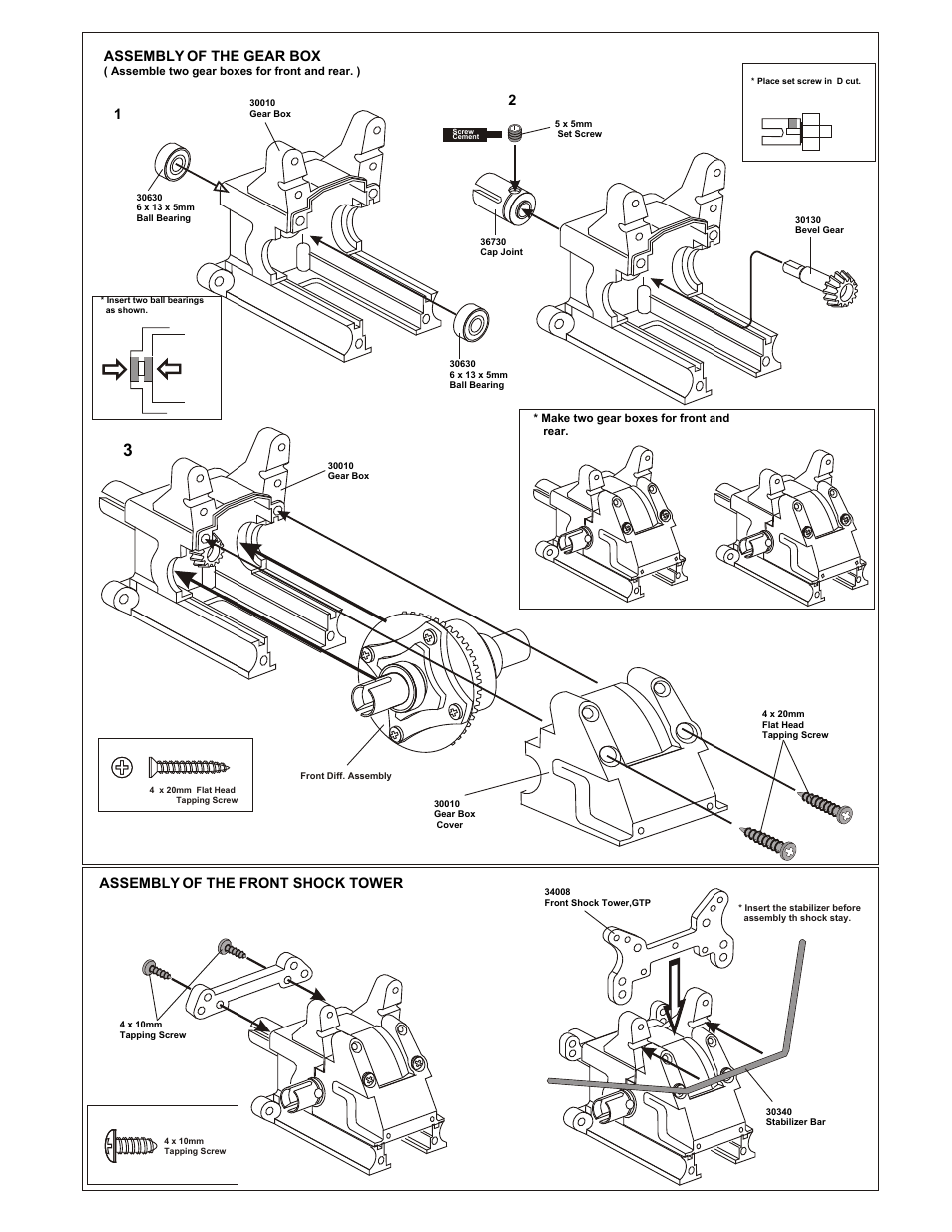 Assembly of the gear box, Assembly of the front shock tower | OFNA Racing Ultra GTP MBX User Manual | Page 8 / 45