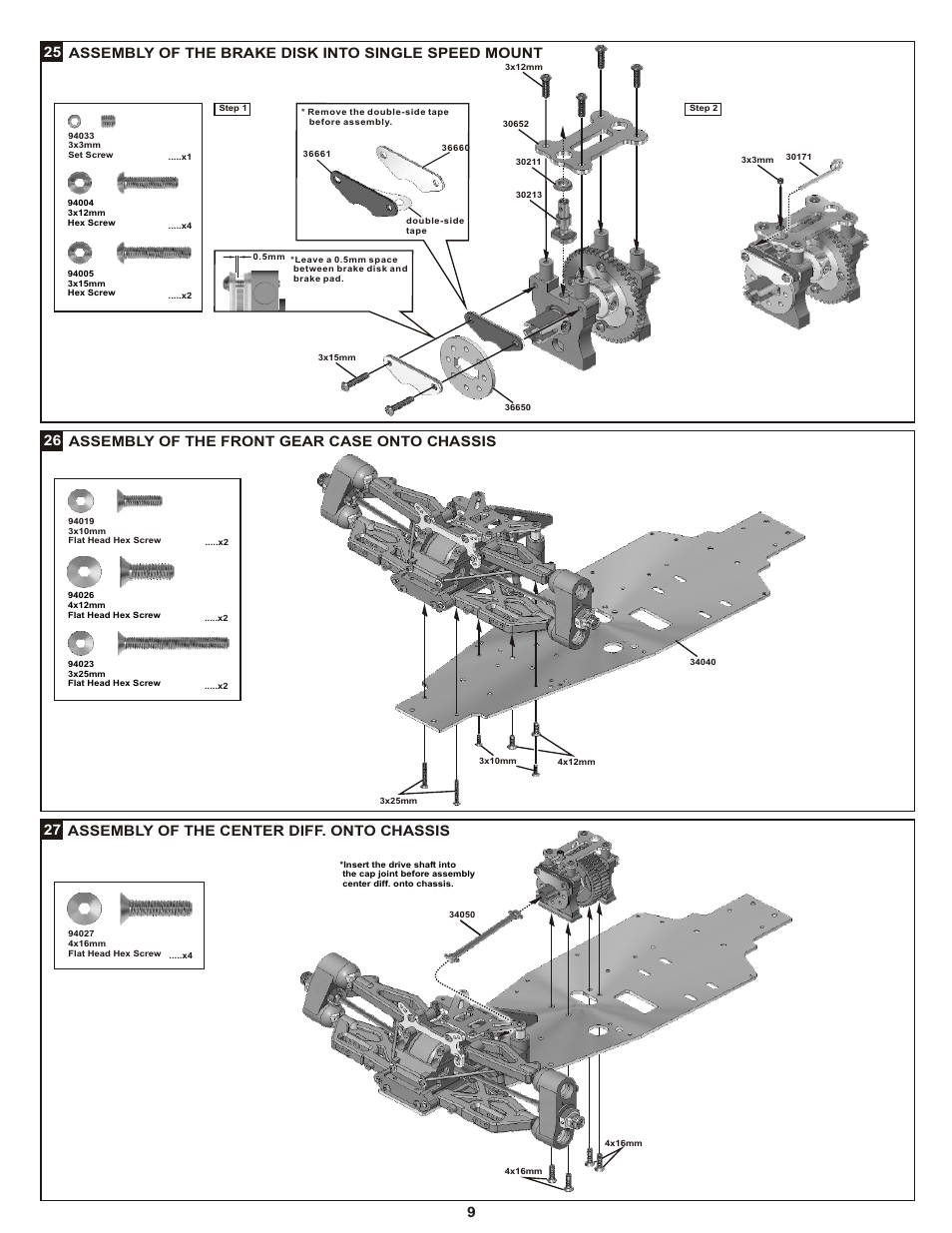 Assembly of the front gear case onto chassis, Assembly of the brake disk into single speed mount | OFNA Racing Ultra GTP RTR User Manual | Page 12 / 28