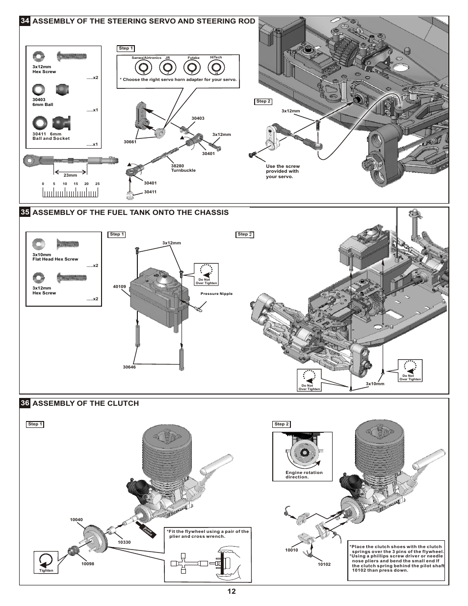 Assembly of the fuel tank onto the chassis, Assembly of the steering servo and steering rod | OFNA Racing Ultra GTP RTR User Manual | Page 15 / 28