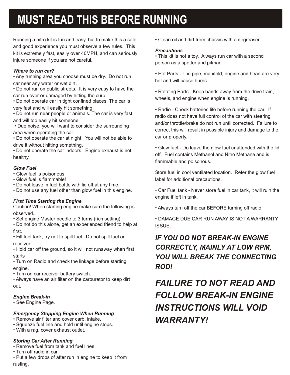 Must read this before running, Failure to not read and, Follow break-in engine | Instructions will void, Warranty, If you do not break-in engine, Correctly, mainly at low rpm, You will break the connecting | OFNA Racing Ultra GTP RTR User Manual | Page 2 / 28