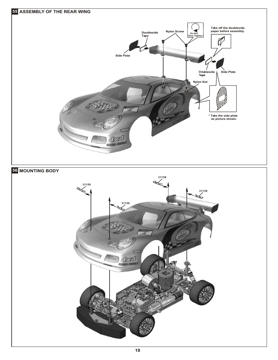 19 55 assembly of the rear wing, 56 mounting body | OFNA Racing Ultra GTP RTR User Manual | Page 22 / 28