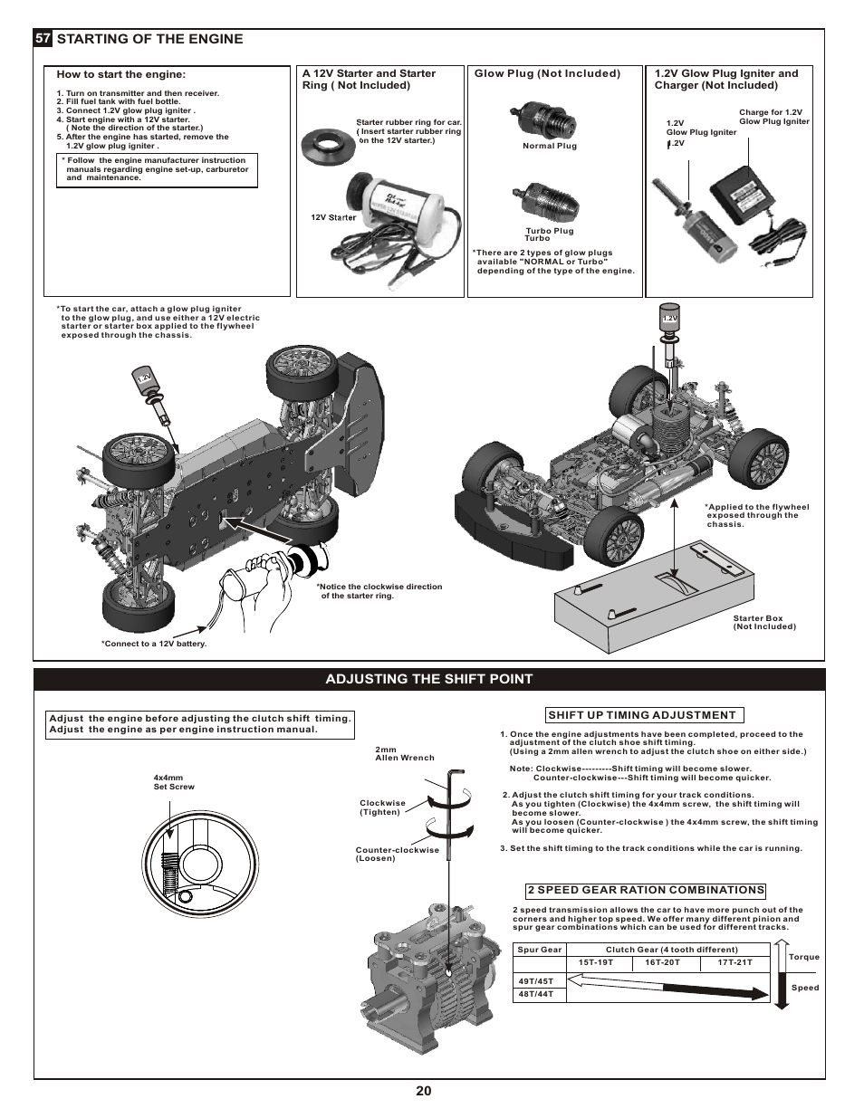 Adjusting the shift point, 57 starting of the engine 20 | OFNA Racing Ultra GTP RTR User Manual | Page 23 / 28