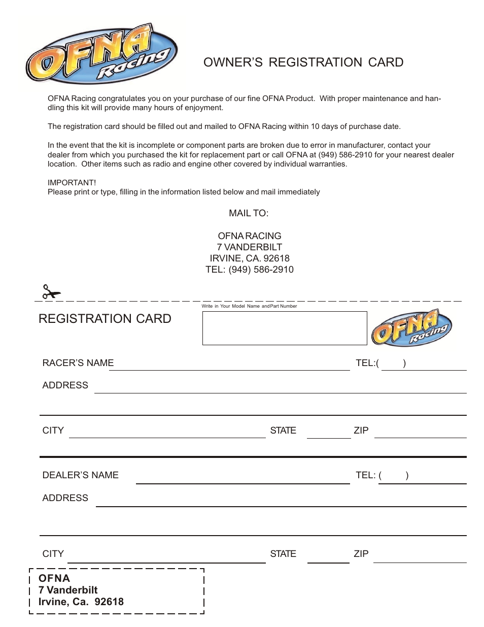 Owner’s registration card registration card | OFNA Racing Ultra GTP RTR User Manual | Page 28 / 28